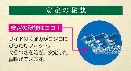 安定の秘訣　安定の秘訣はココ！サイドのくぼみがコンロにぴったりフィット。ぐらつきを防ぎ、安定した調理ができます。