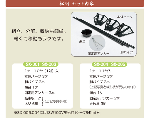 組立、分解、収納も簡単。軽くて移動もラクです。 松明セット内容 1ケース2台（1対）入 本体パーツ 3ケ 脚パイプ 3本 燭台 1ケ 固定用アンカー 3本 結束板 1ケ ネジ 6組